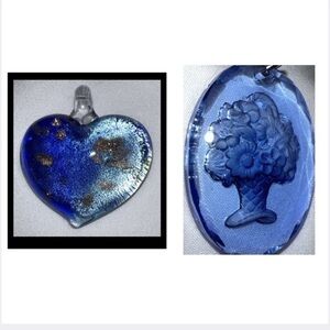Set of 2 Pendants- Hand Blown Blue Glass Heart w/Foil & Blue Glass Flower Basket